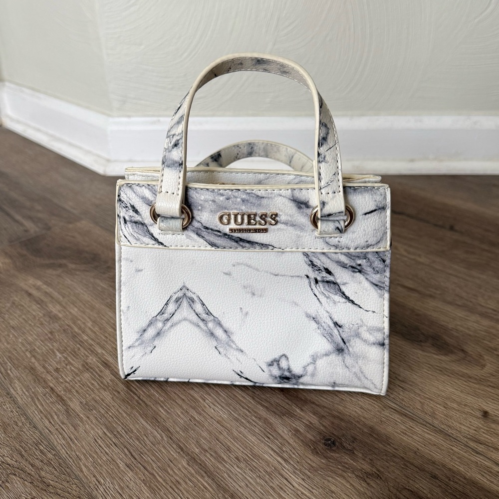 GUESS White Marble Mini Satchel with Gold Logo